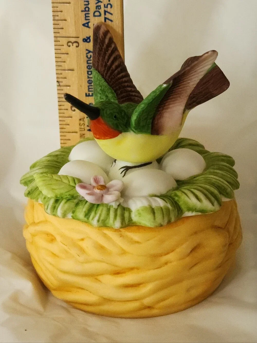 Vintage Lefton Hummingbird Trinket Box w/ Nest Figurine 3.5
